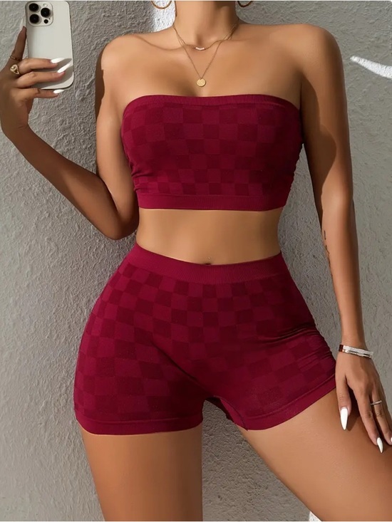 Scarlet Elias Other - High-Rise Seamless Bike Shorts & Crop Top Set in Burgundy